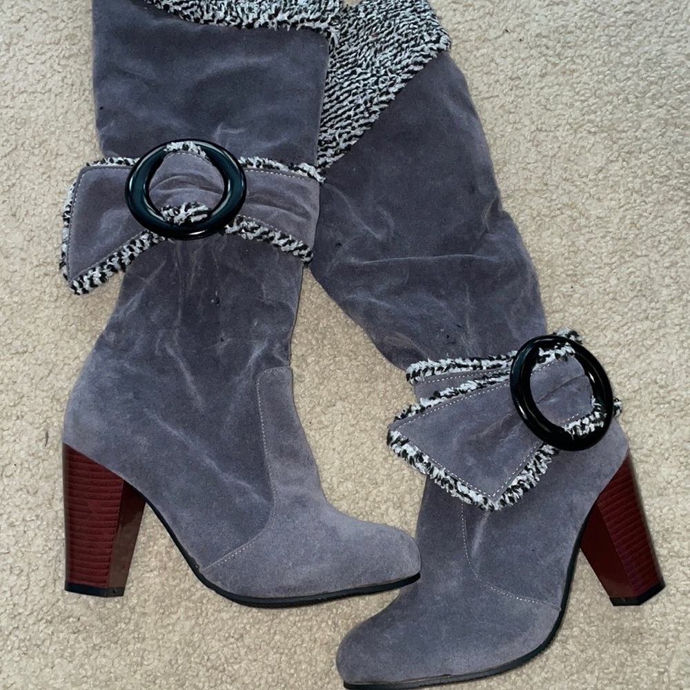 Grey, fake fur lined knee high heeled boots